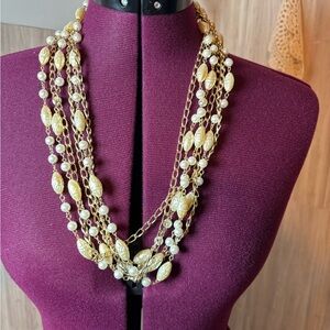 Elegant Gold Tone and Faux Pearl Multi-Strand Necklace